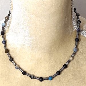 Natural stone beaded necklace handmade 18" lobster clasp teal brown tones